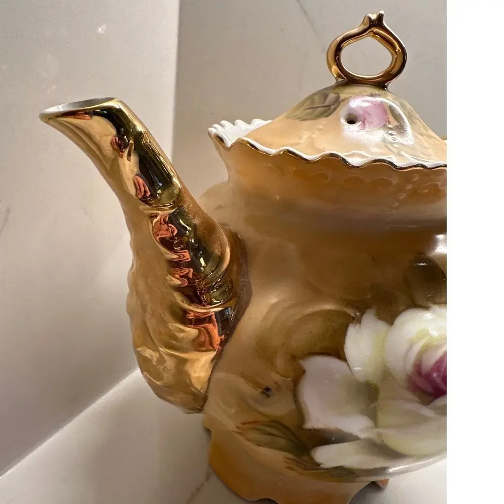RARE Teapot & Lid Heritage Brown Floral Lefton 3112 6 Cup 6